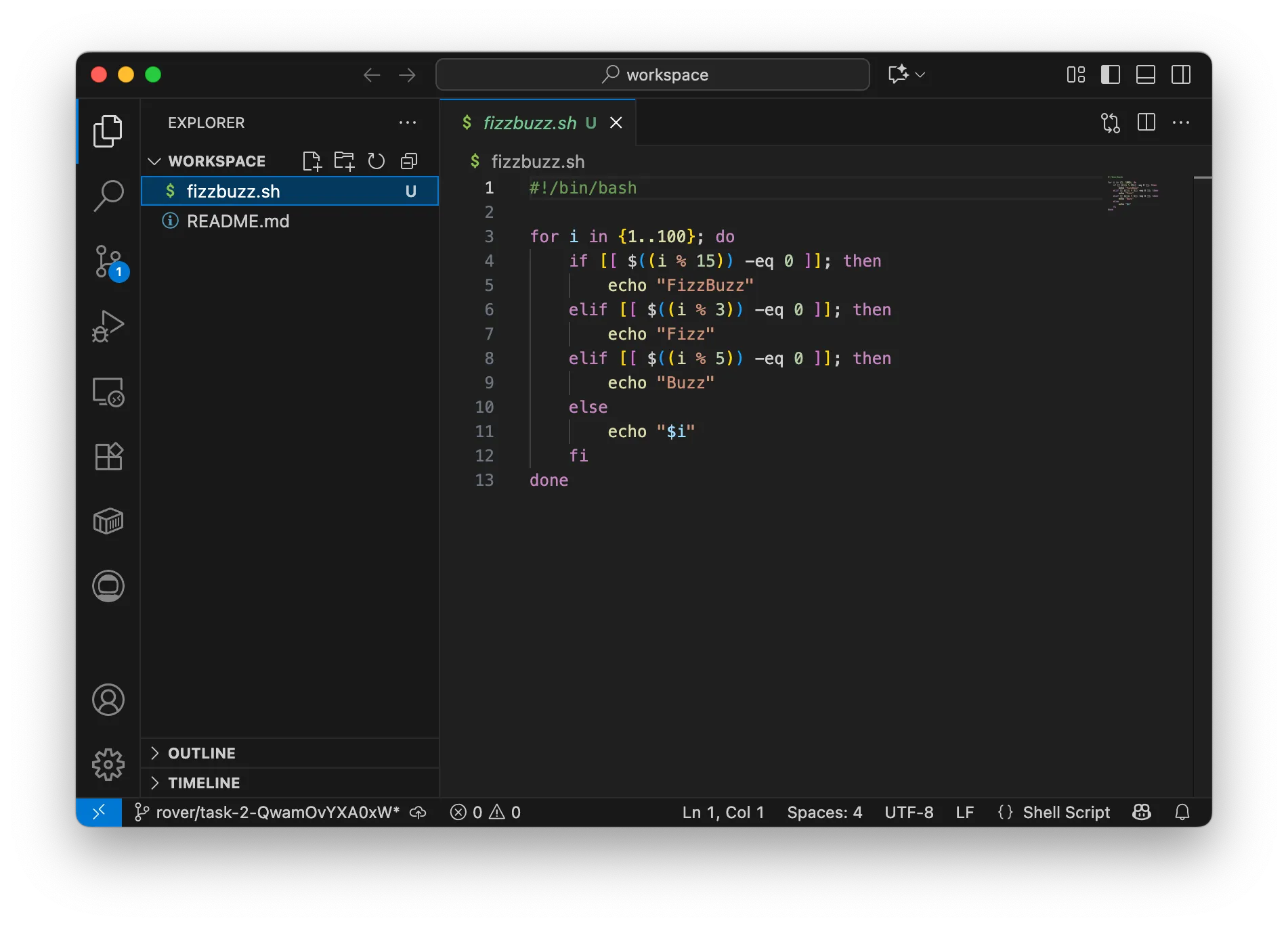 Screenshot showing a new instance of VSCode open on the new task workspace