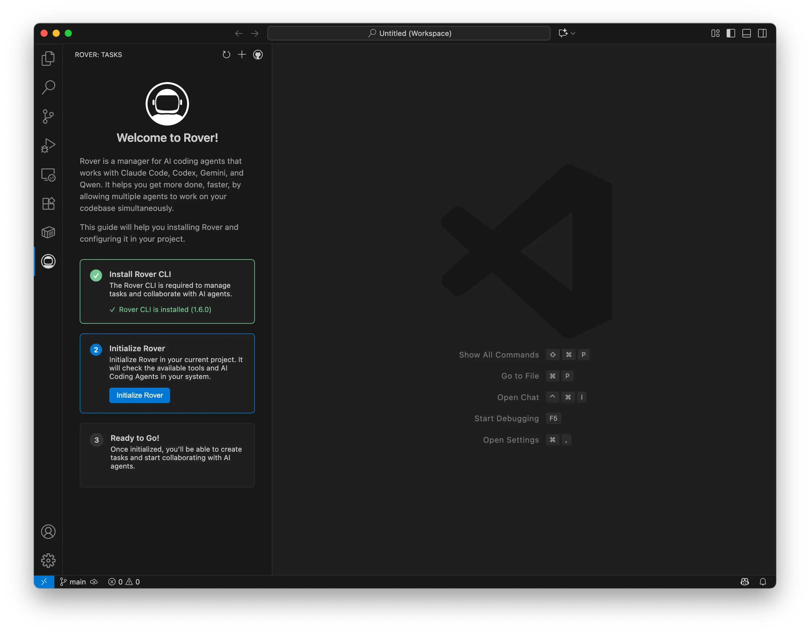 Screenshot showing VSCode open with a workspace open shows message to initialize Rover